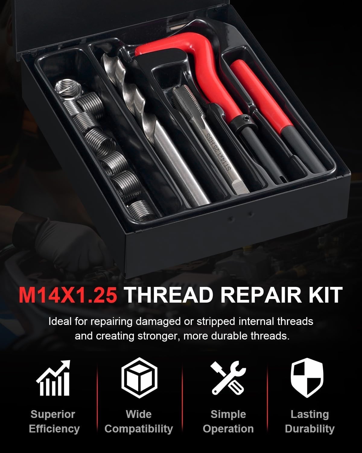 M14×1.25 Helicoil Thread Repair Kit for Spark Plug, Metric M14 Helicoil kit w…