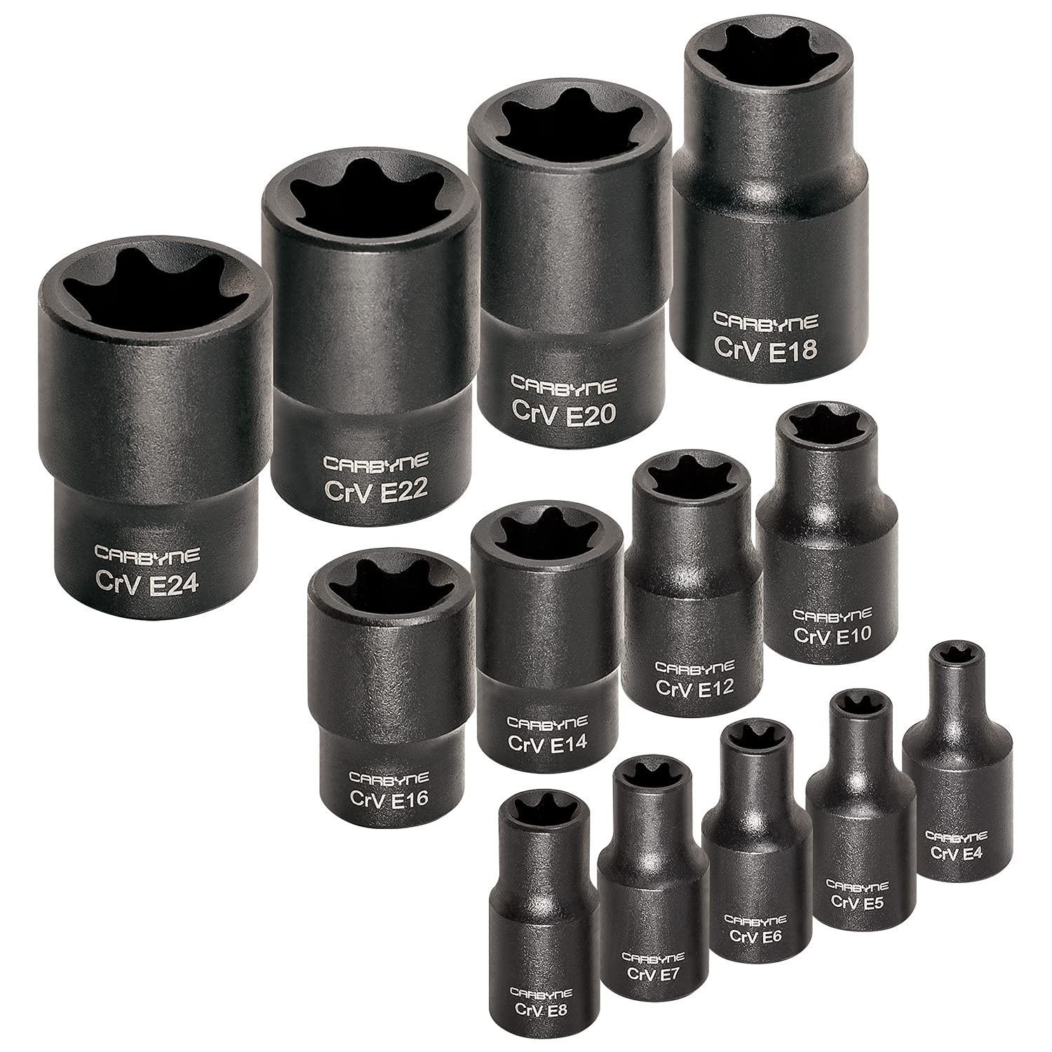 13-Piece External Torx Socket Set E4-E24, CrV Steel, Manganese Finish, Drive Rai
