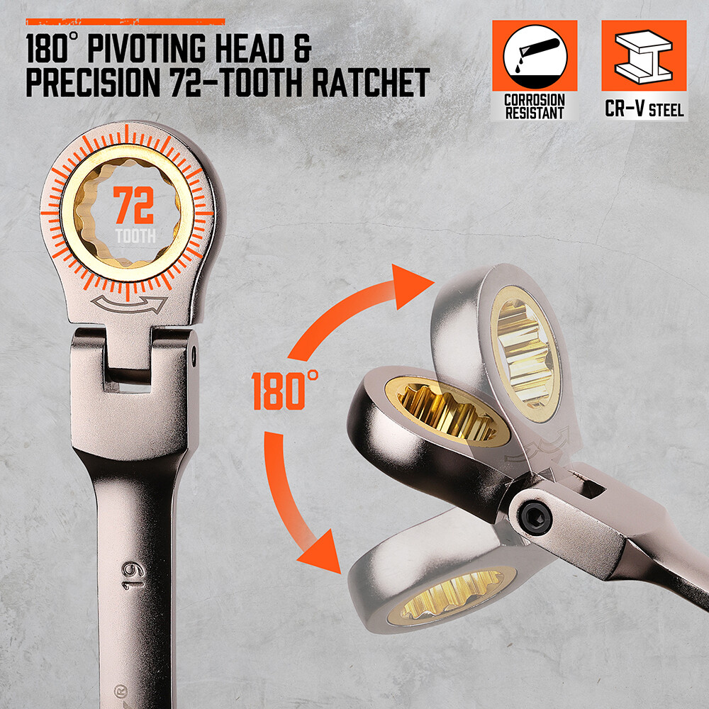 18PCS Flexible Ratchet Wrench Set Metric 6-30mm 72-Tooth Nickle Plated Portable