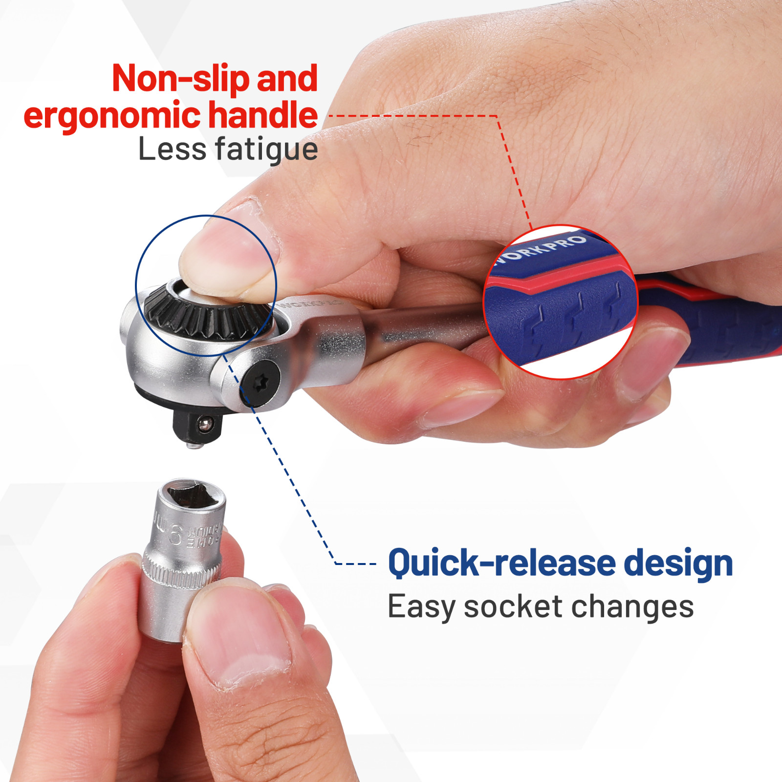 1/4»Drive Ratchet 72-Tooth Swivel Head 270°Swivel Quick-release Reversible