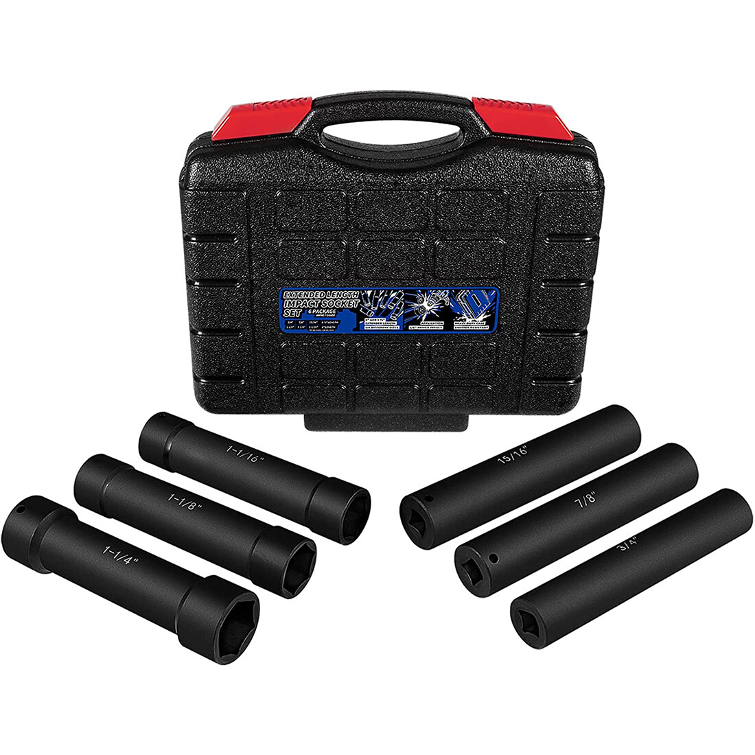 1/2» Drive Heavy Duty Extended Length Extra-Deep Length Impact Socket Set 6PCS