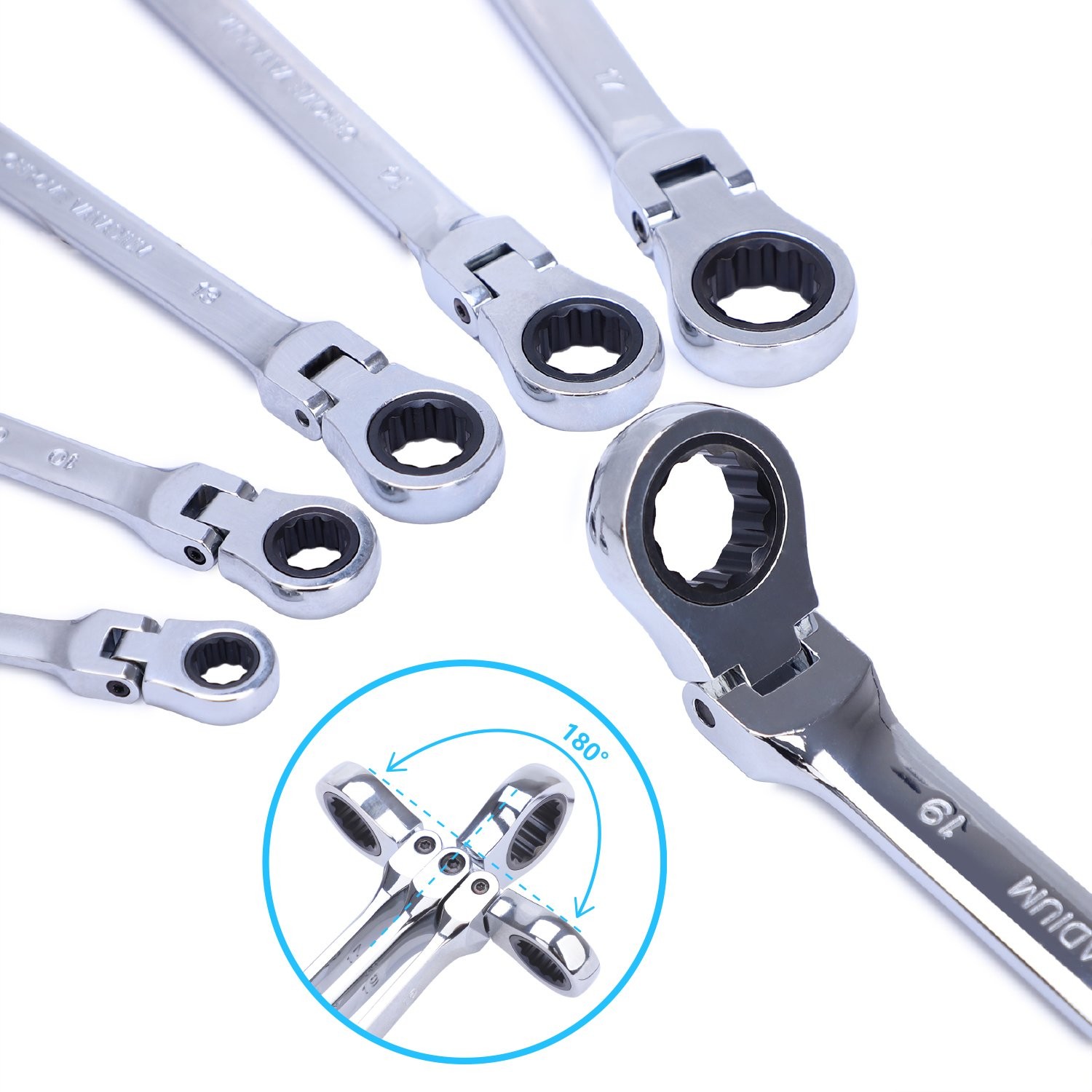 Set of 6 New Flex-Head Ratcheting Wrench Set 12-Size 8mm-19mm with Organizer Bag
