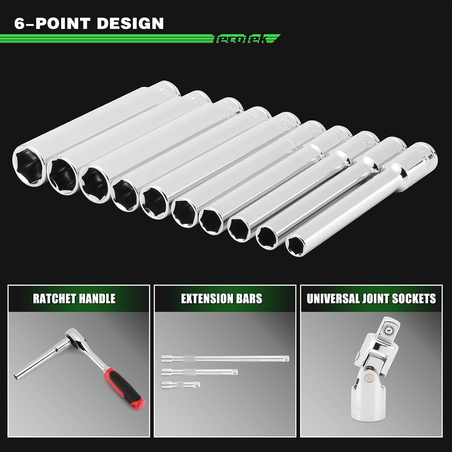 TecoTek 10PCS 3/8-Inch Drive Extra Deep Metric Socket Set, 6 Point, 8mm to 17mm,