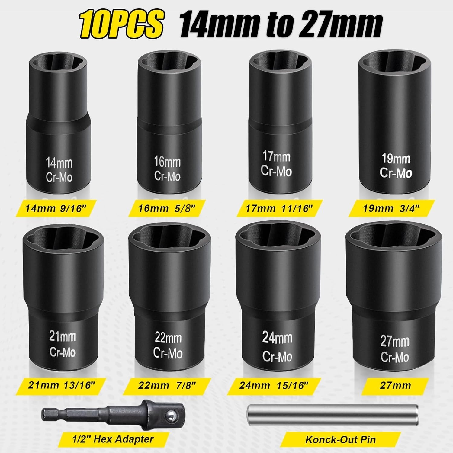 10-Piece Lug Nut Remover Set – Chrome Molybdenum Steel Impact Tool Kit