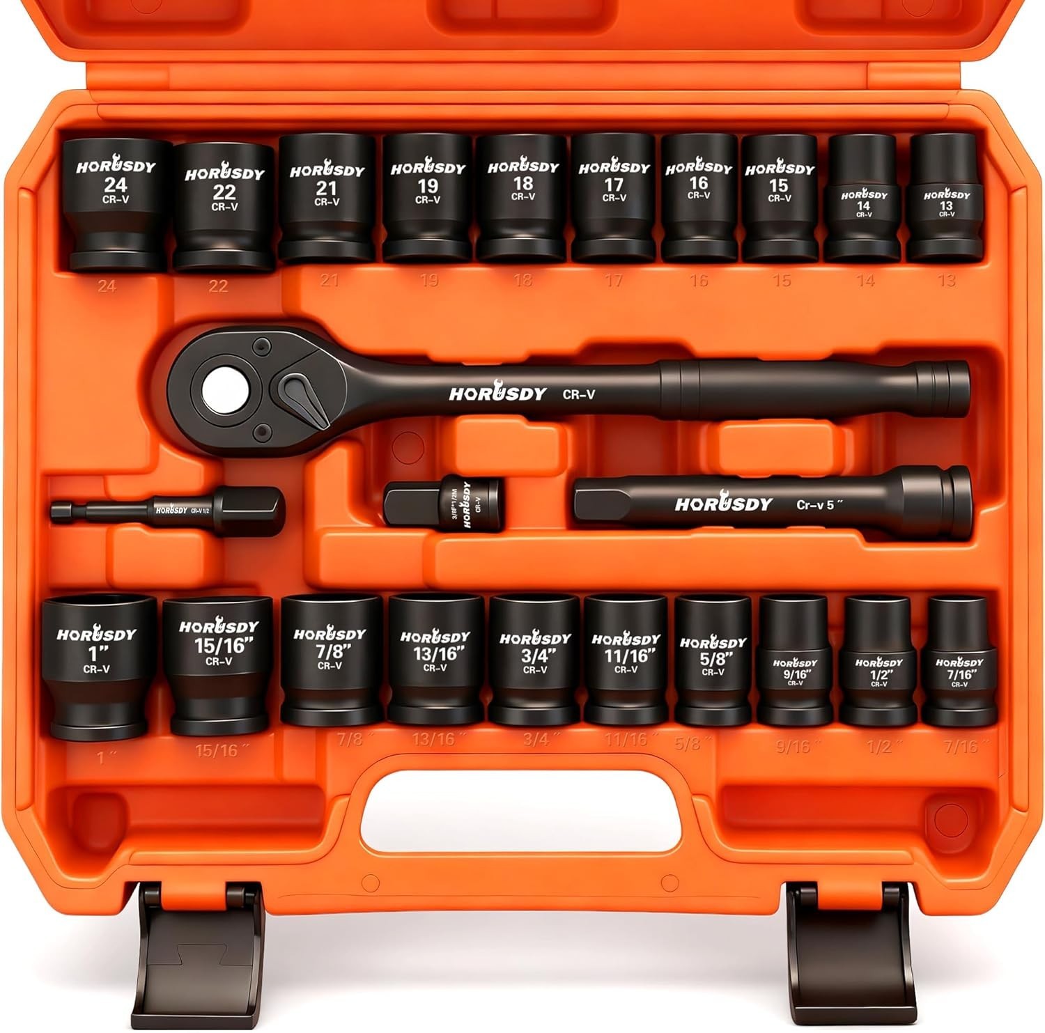 High-Quality 1/2″ Drive Impact Socket Set – 24 Pieces with Ratchet & Extension