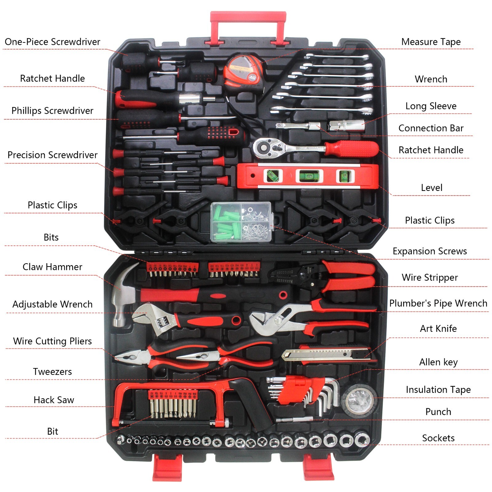 Hand Tool Box Storage Case Tool Set General Household with Toolset 238Pcs Black