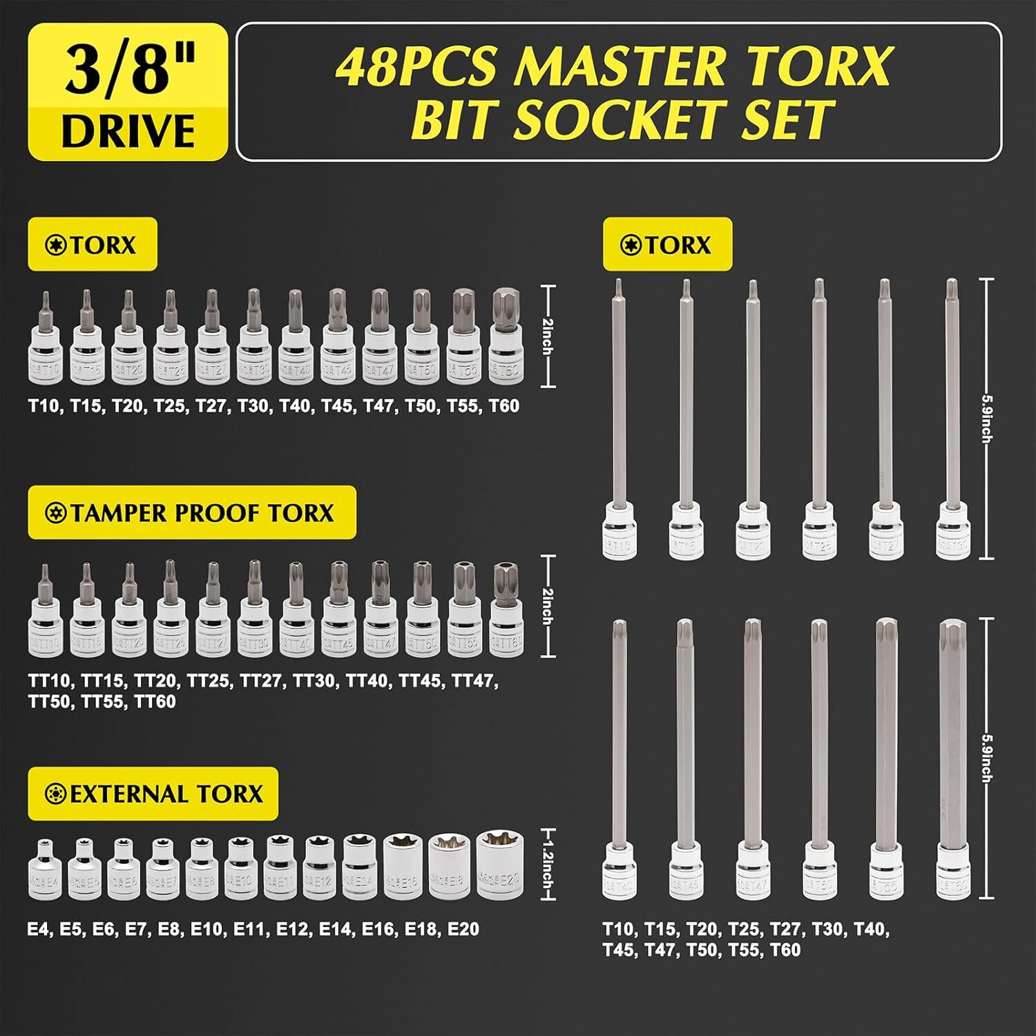 8PCS 3/8″Dr.Master Torx Bit Socket Set CR-V 5.9″ Length Star Bit E4 -E20 T10-T60