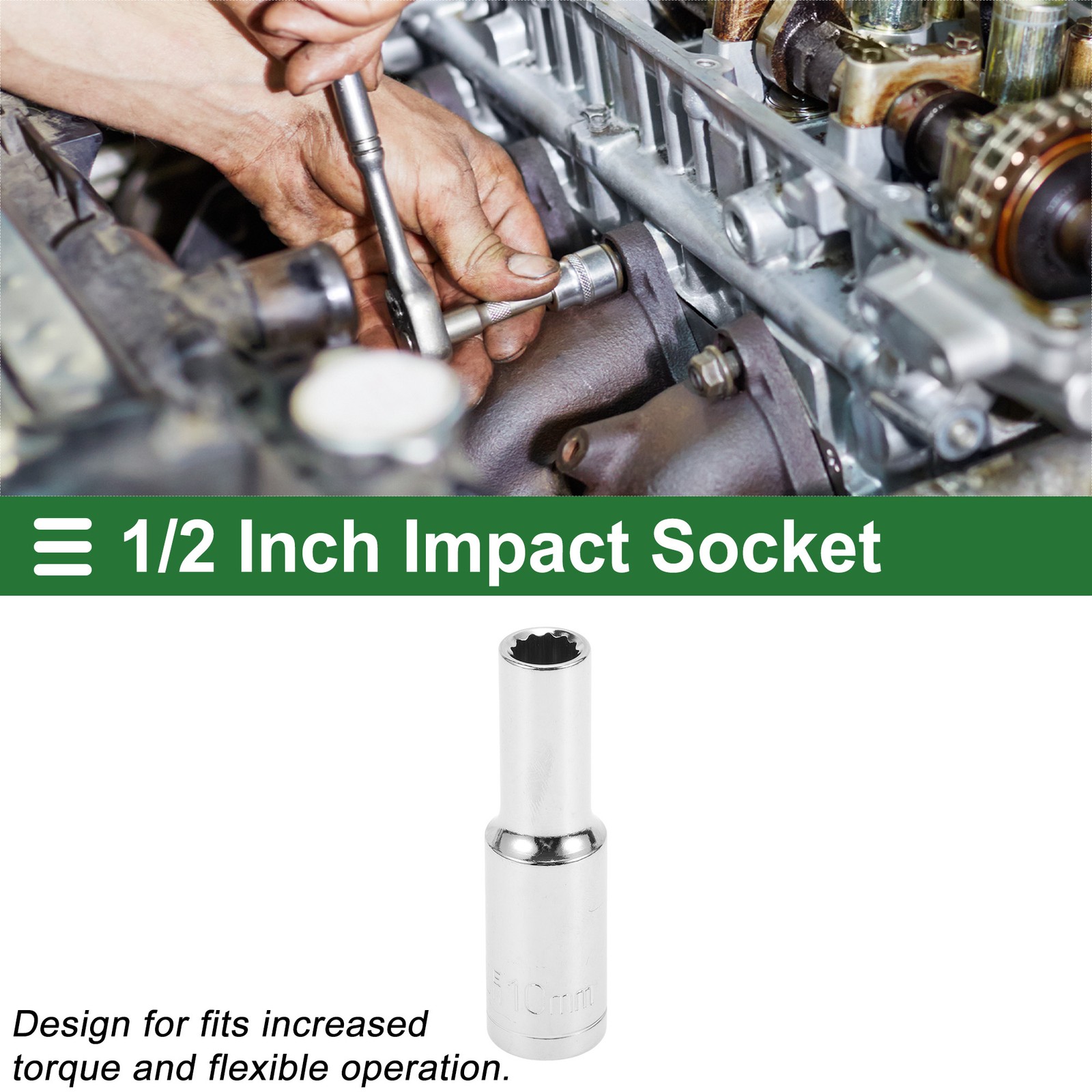Universal 1/2 Inch Drive Impact Socket 10mm 12 Point Chrome Vanadium Steel 1 Pcs