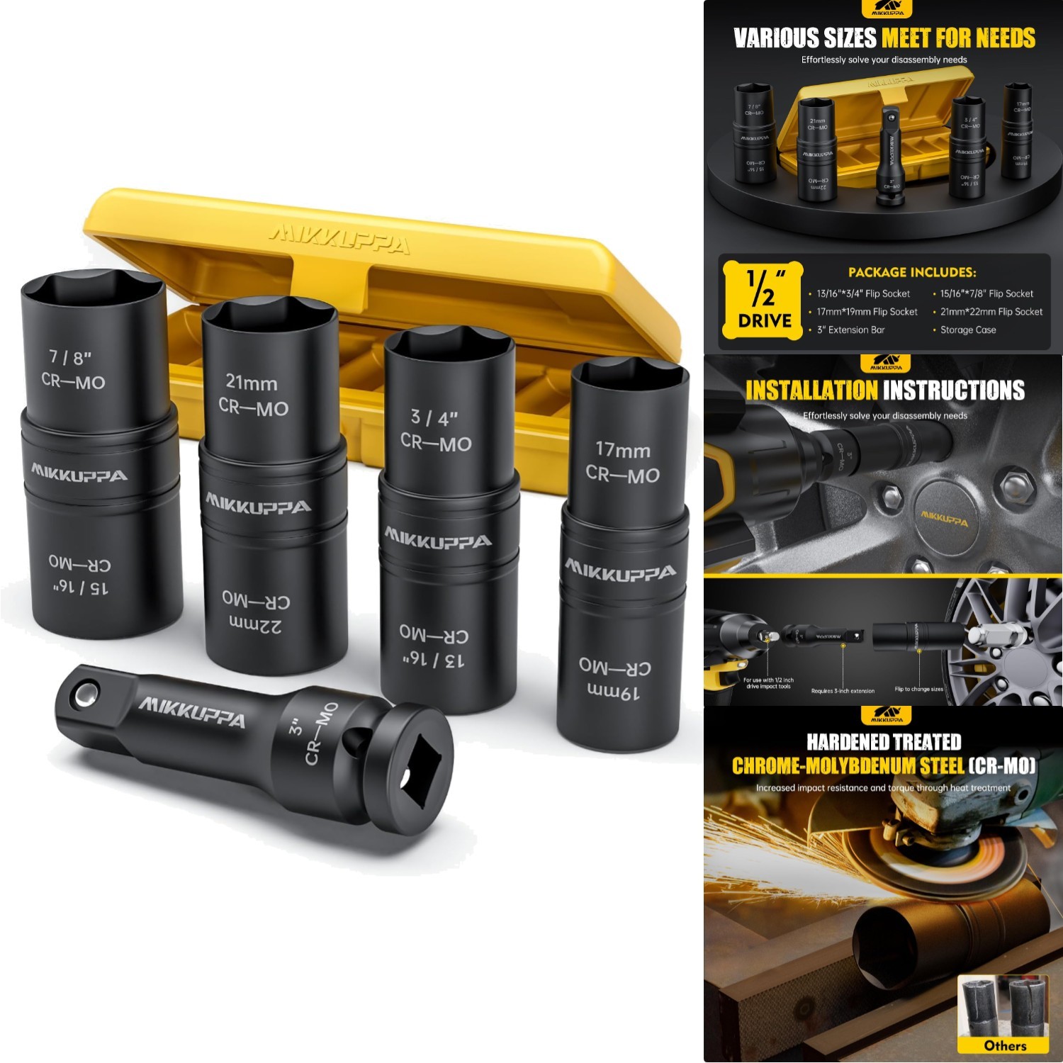 5PCS 1/2″ Drive Impact Socket Set Flip Lug Nut Extractor Double Side W Extension