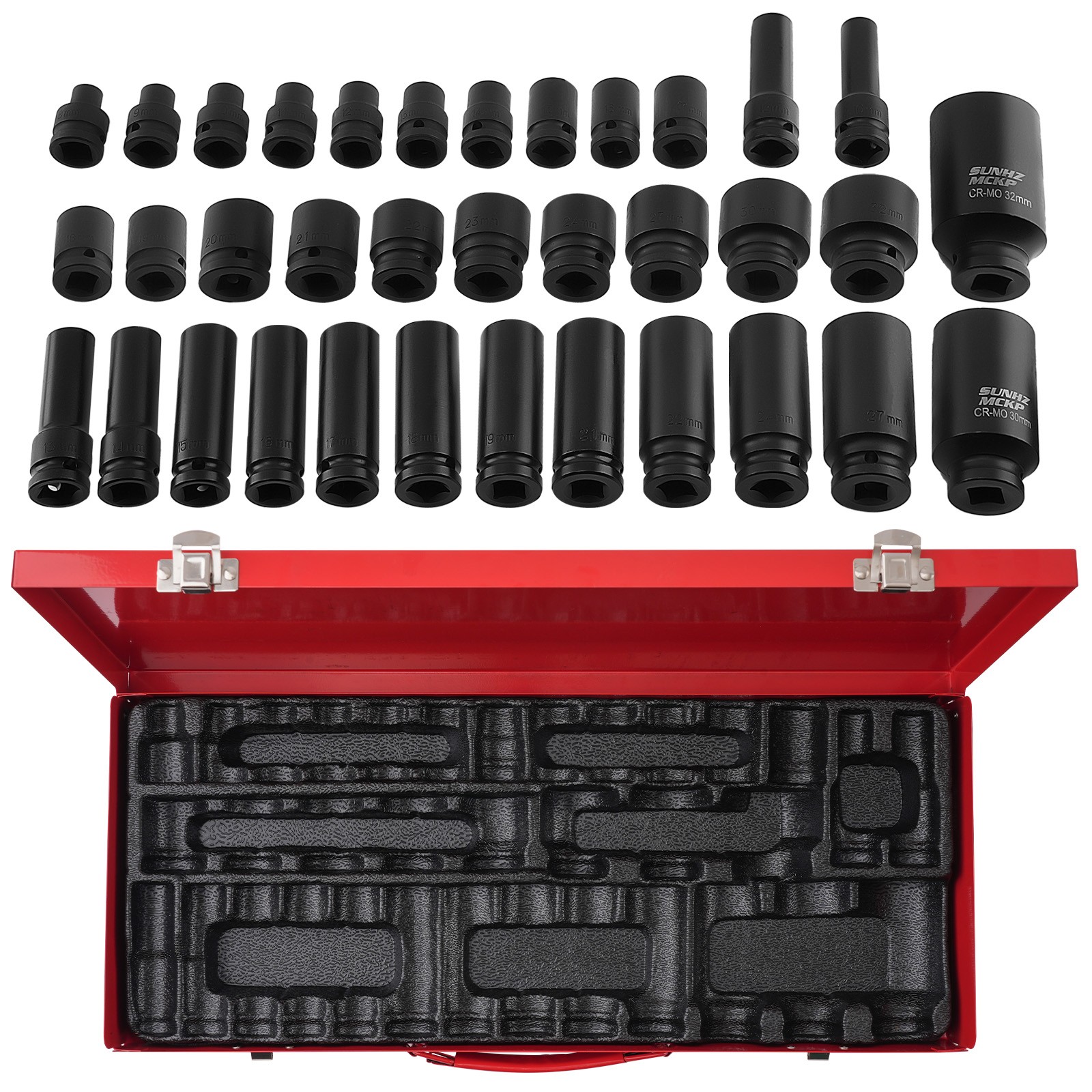 35x 1/2″ Deep Impact Socket Set Drive 8mm-32mm Metric Garage Sae With Case Tool
