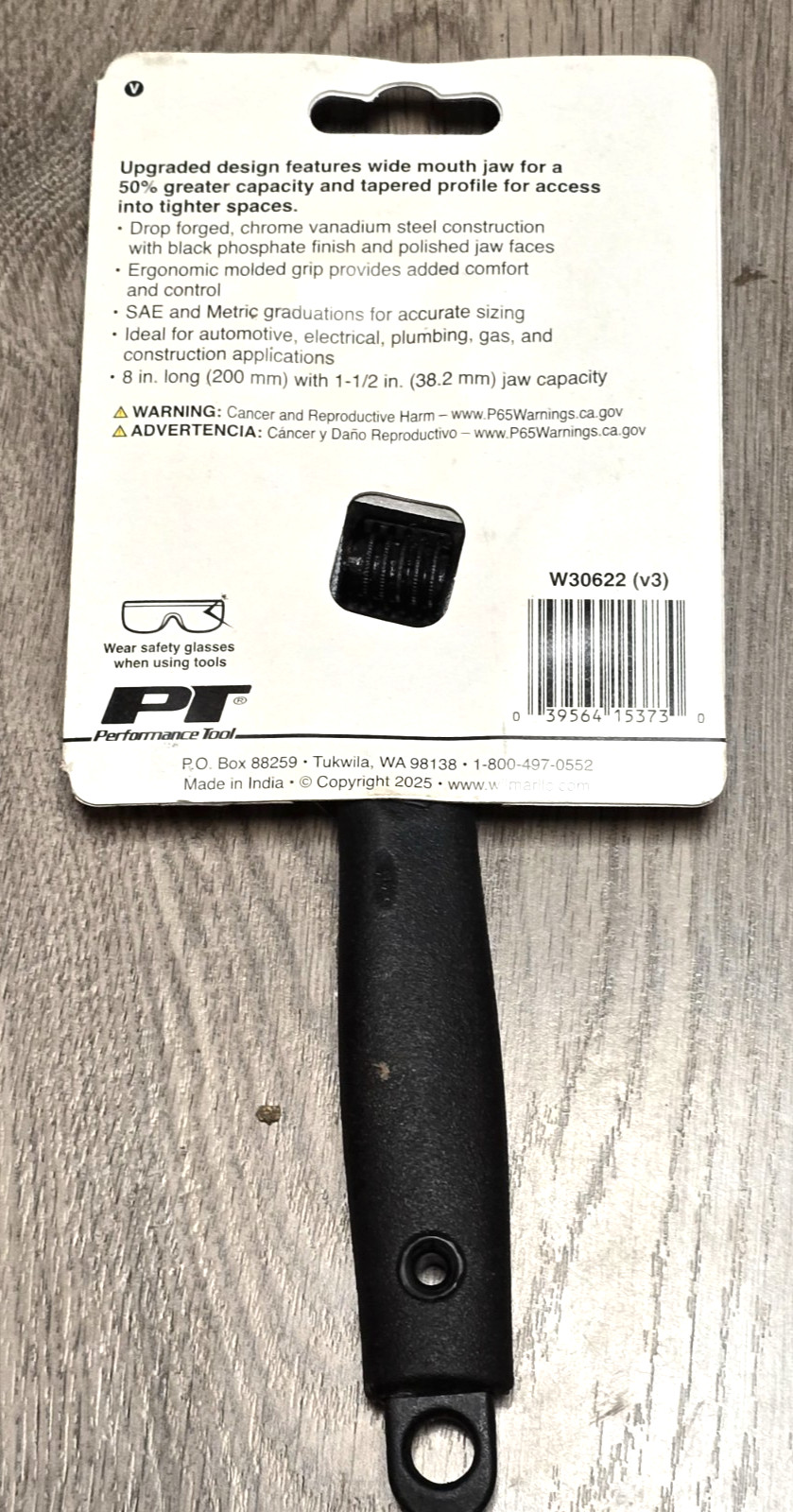 Performance Tool W30622, 8″ Wide Mouth Adjustable Wrench w/ Soft Grip Handle