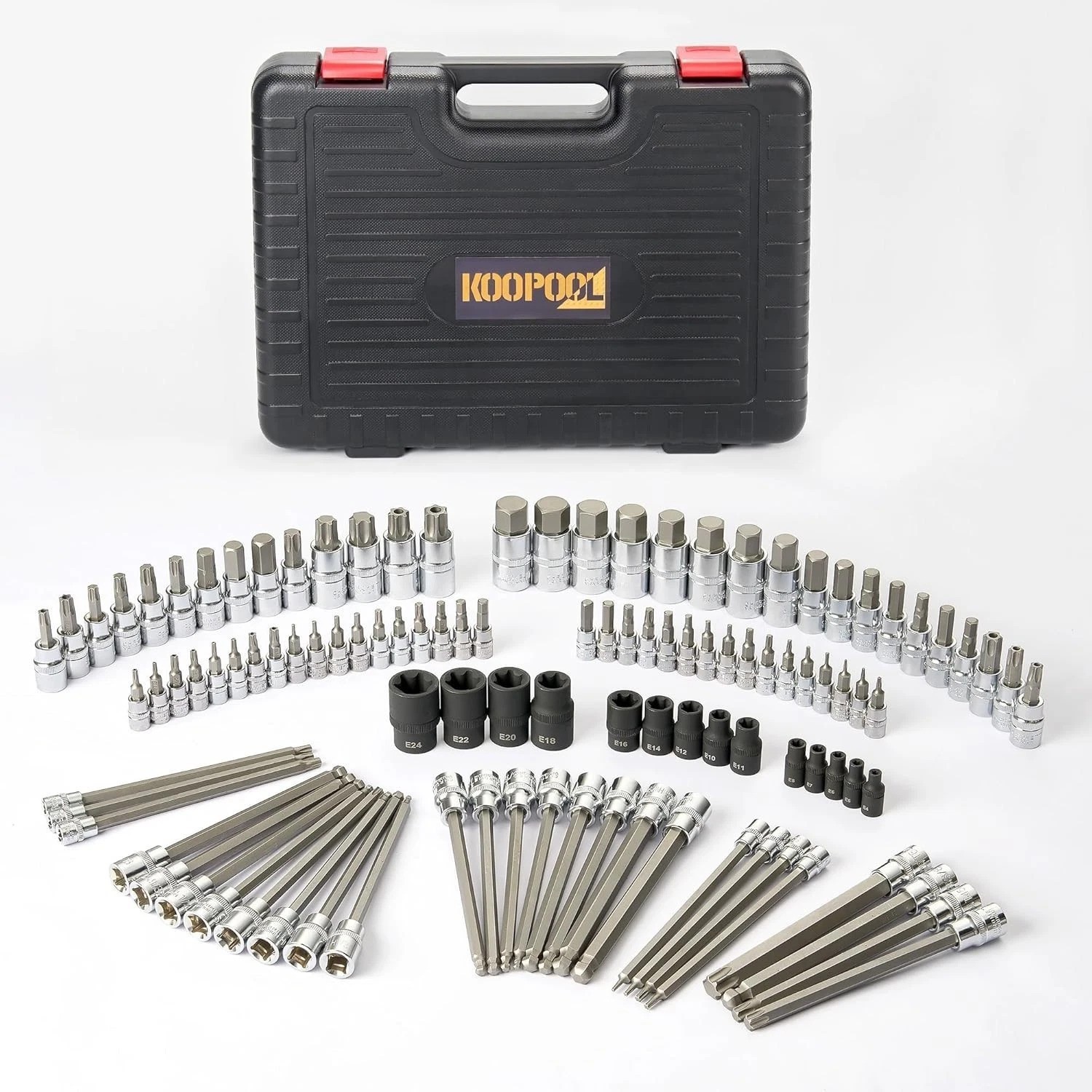 Master 107pc Torx Allen Bit Socket Set, S2 Steel, 1/4″ 3/8″ 1/2″ Drive, Durable