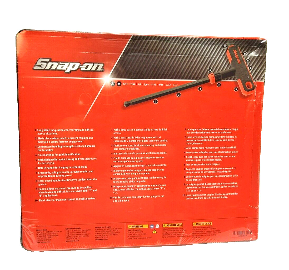 New Snap-on™ 3/32″ – 1/4″ 8pc T- L-Shape End Allen Hex Driver Key Set AWSG800A
