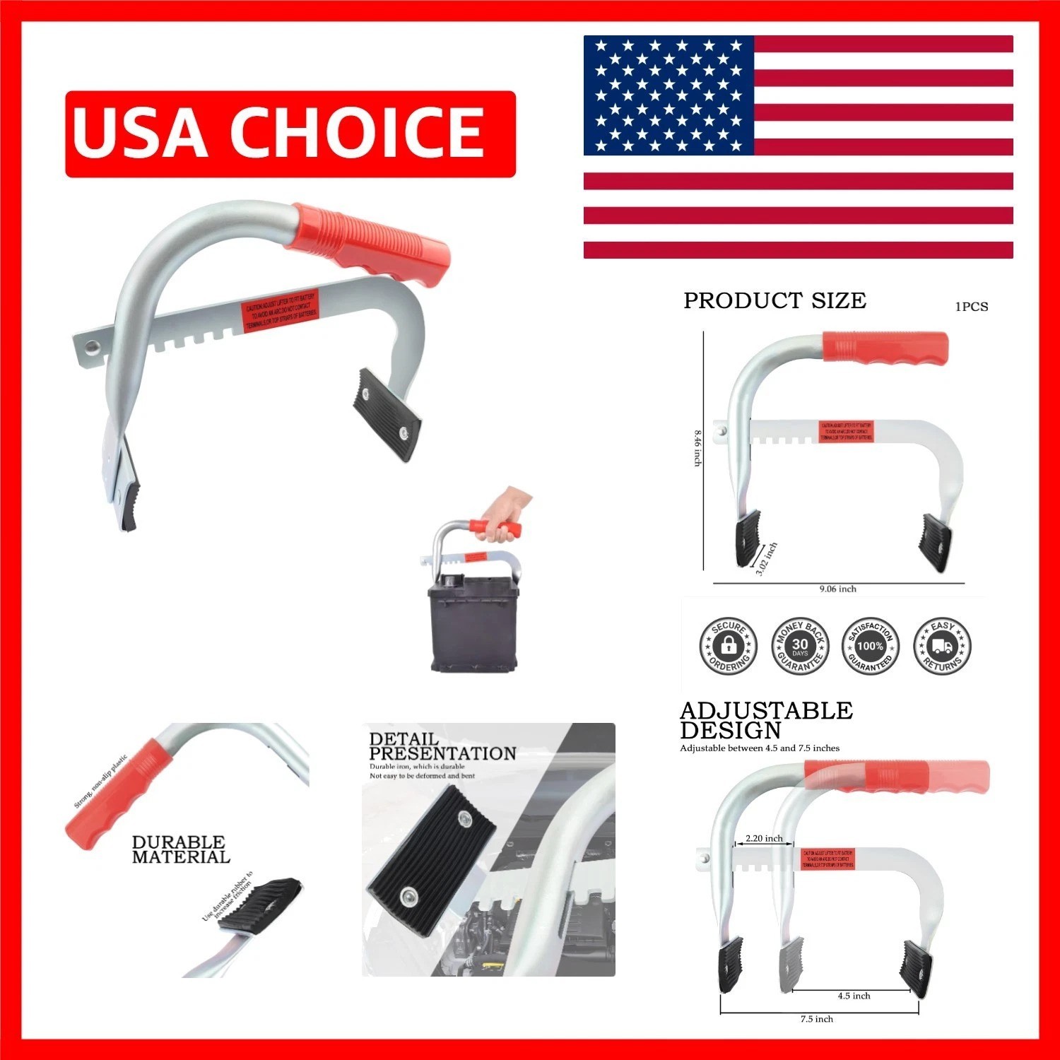 Ergonomically Designed Car Battery Carrier with Adjustable Grip & Non-Slip Feet