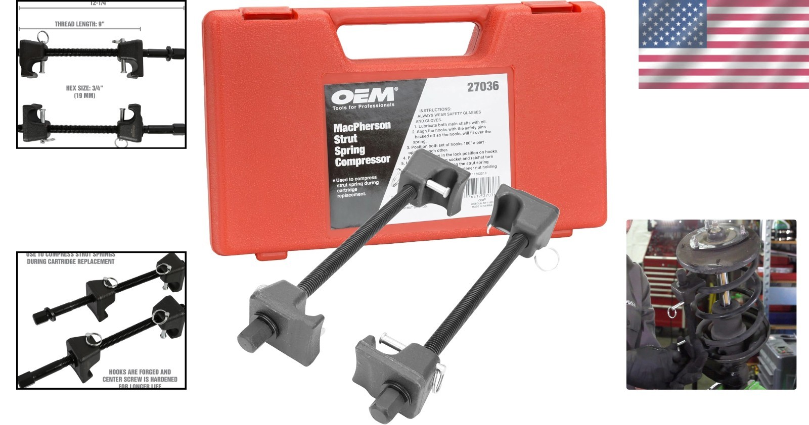 Universal 2-Piece MacPherson Spring Compressor Set – 9.75 Inch Max Safe Opening