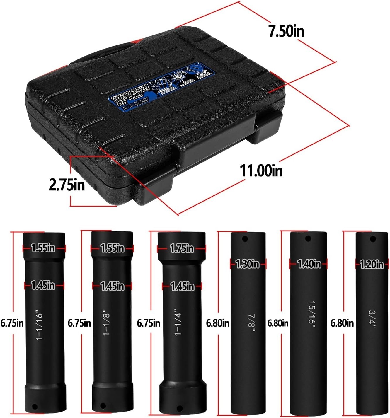 1/2 Inch Drive Heavy Duty Extended Length Extra-Deep Length Impact Socket Set