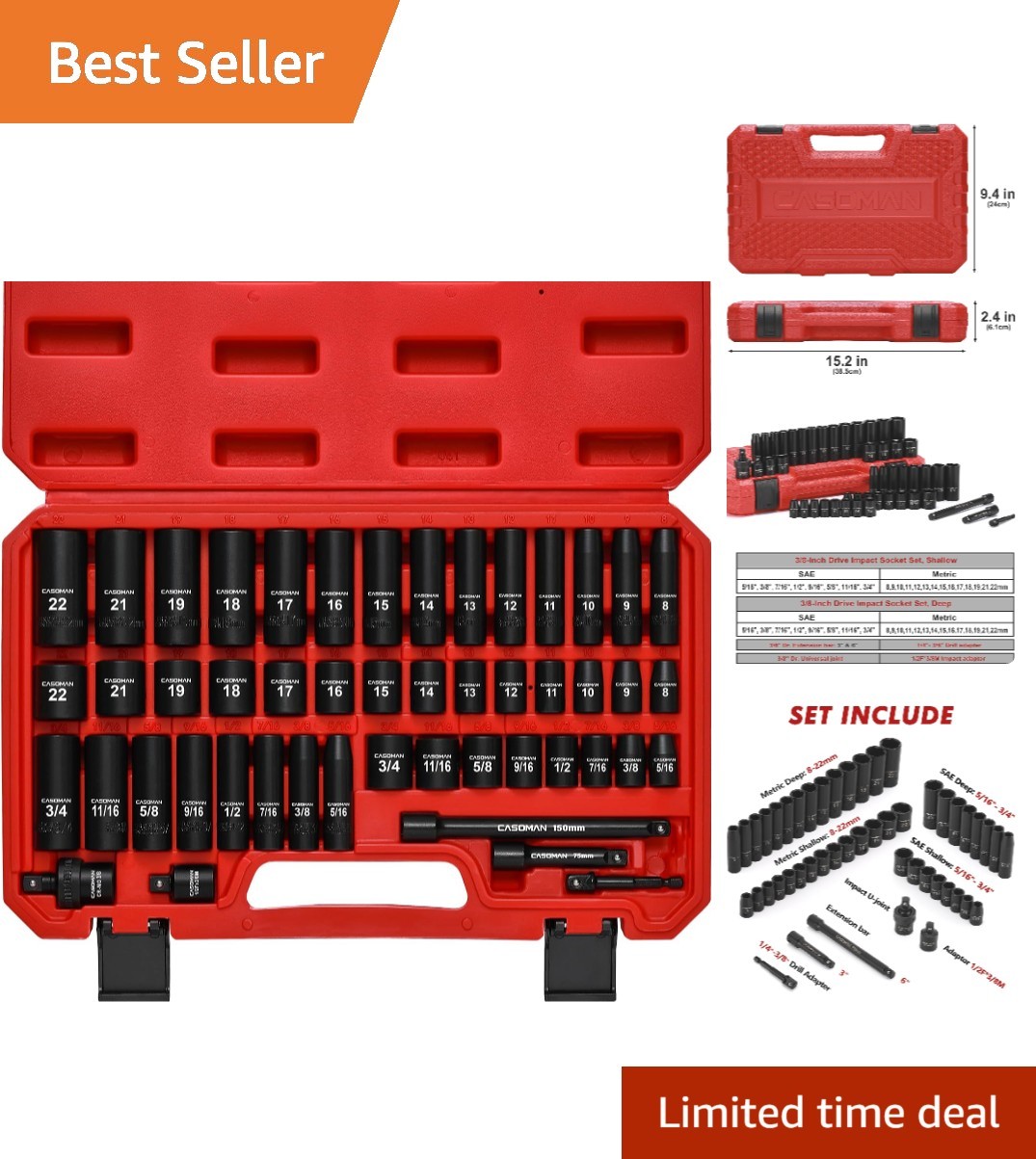 Comprehensive 3/8″ Drive 49-Piece Impact Socket Set – Standard & Metric Sizing