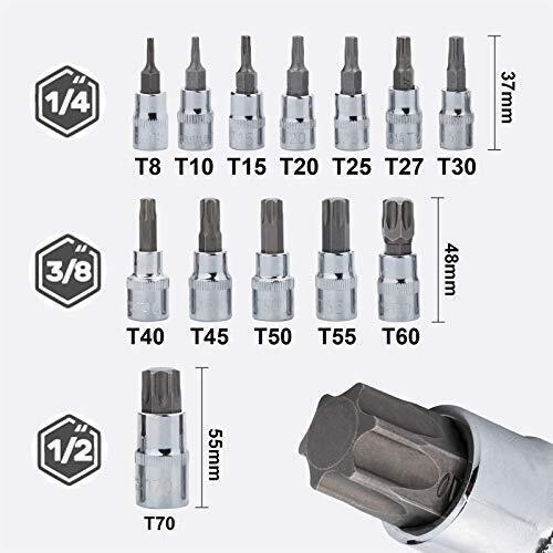 13PCS Drive Torx Bit Socket Set 1/4″ 3/8″ 1/2″ T8-T70 Star Bit Socket Set Tool