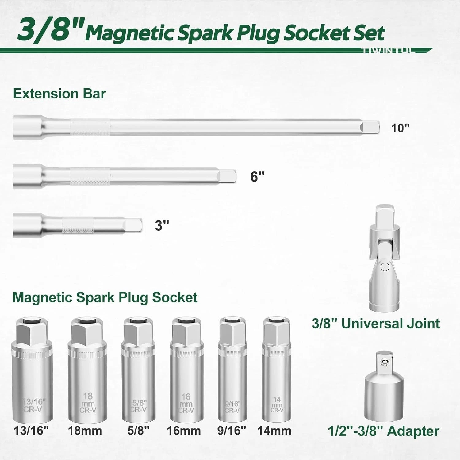 3/8 Inch Drive Spark Plug Socket Set, 12 Point, 11Pcs SAE & Metric Sizes 14mm..,