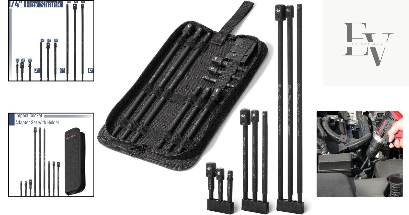 Durable Bates Socket Adapter Set: 9 Pieces in 3 Sizes | Black Oxford Storage Bag