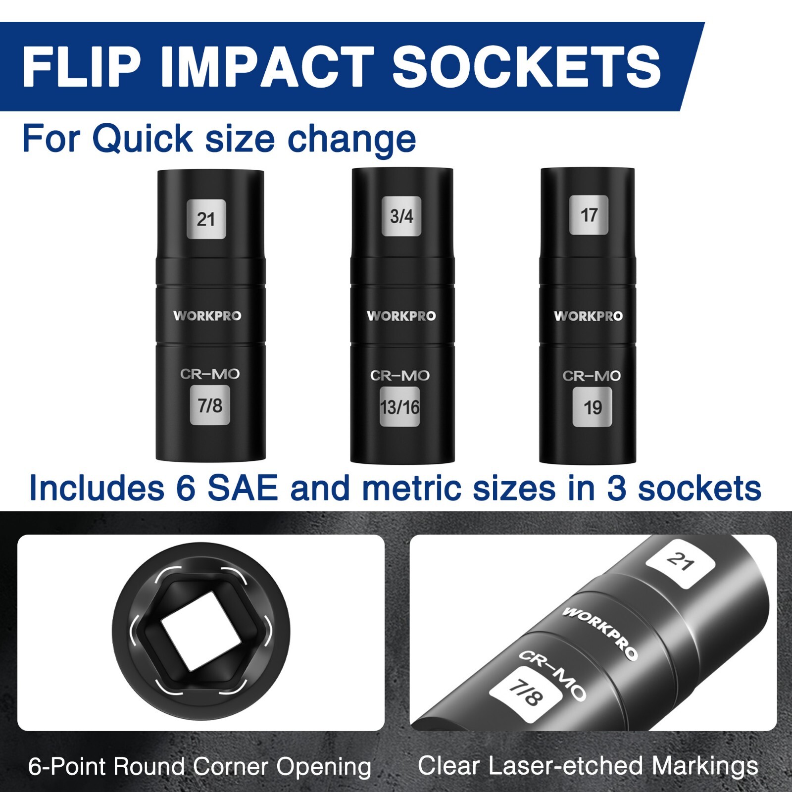 WORKPRO 4PCS Impact Socket Set 1/2″ Drive Wheel Socket Set Cr-Mo Steel Dual-Head