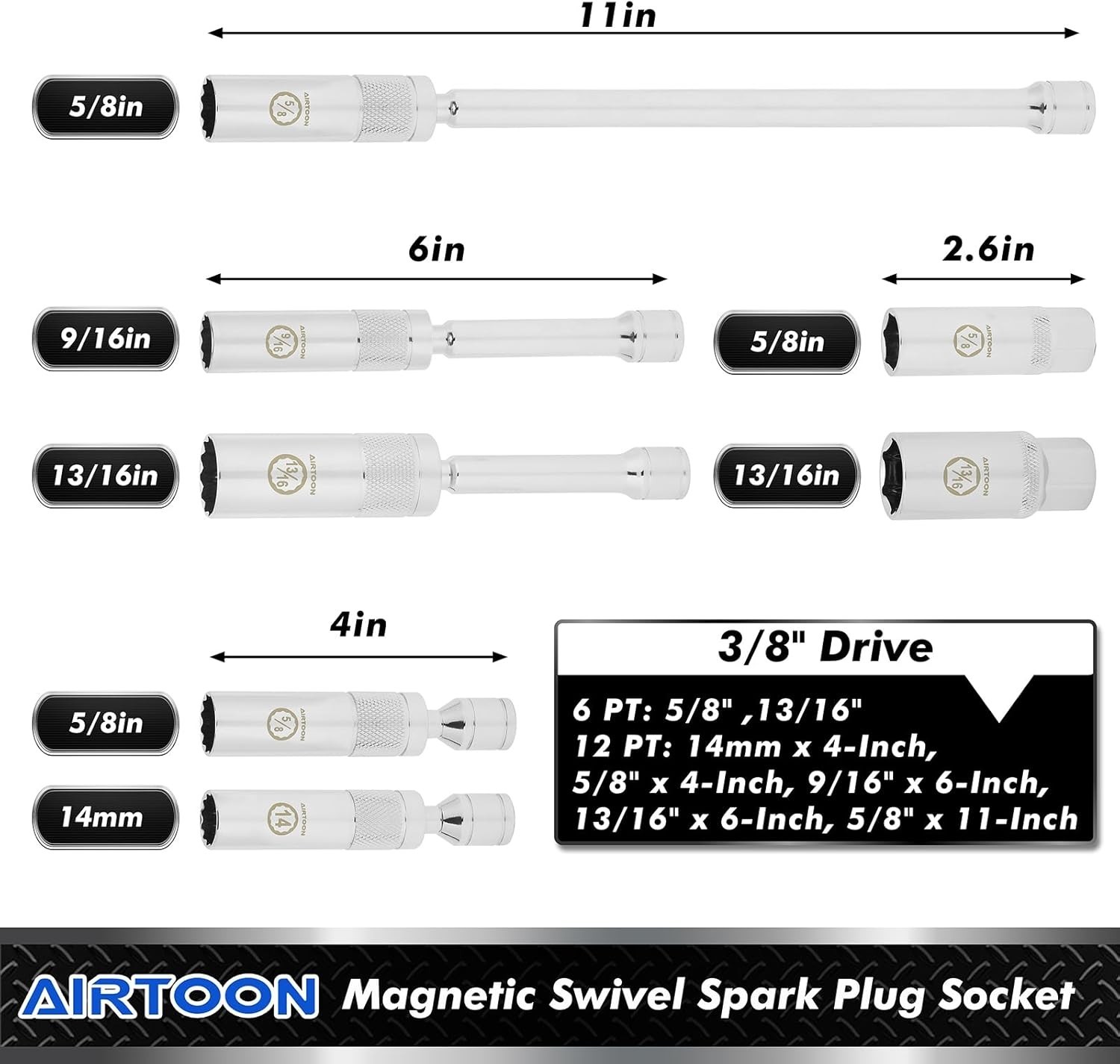 7-Piece 3/8″ Dr. Magnetic Swivel Spark Plug Socket Set