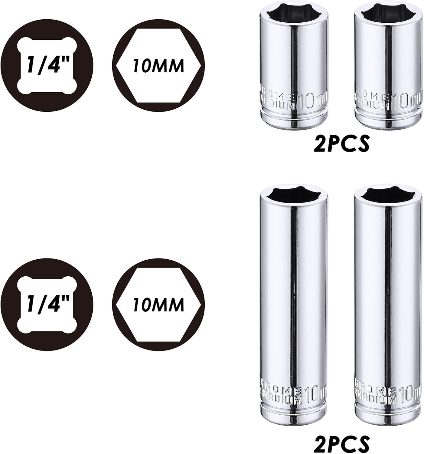 4PCS 1/4″Drive 10mm Deep&Shallow Socket, 6 Point, Cr-V Steel, 10mm