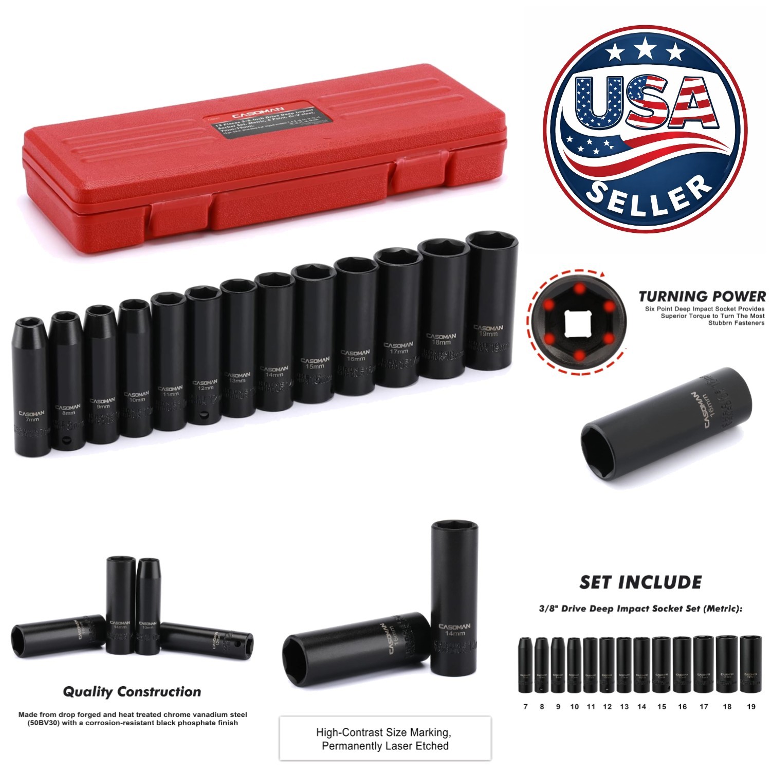 Heavy Duty 3/8-Inch Drive Metric Deep Socket Set – 13 Pieces, ANSI Certified