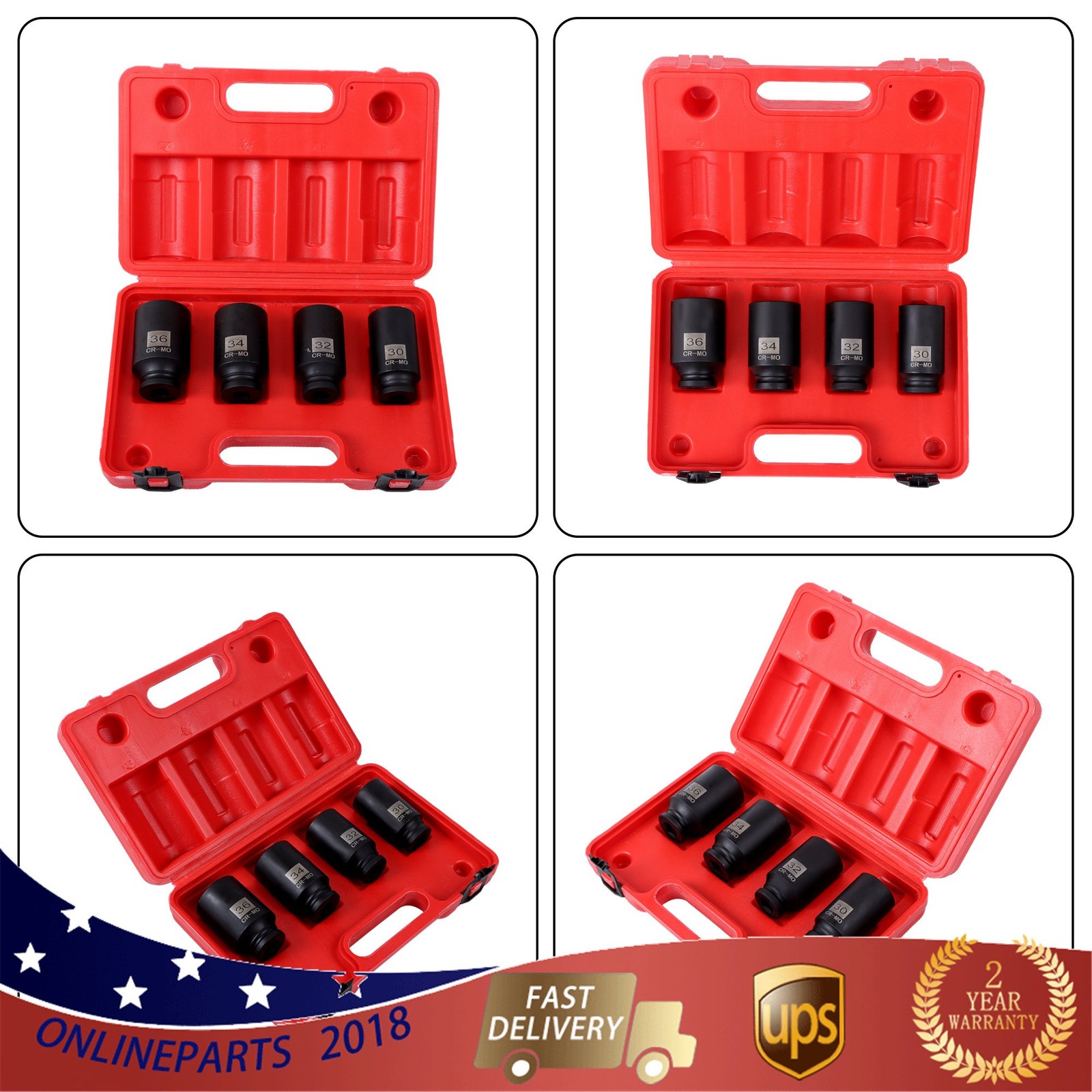 4Pcs Drive Spindle Axle Nut Socket Set 1/2″ 12 Point 30mm 32mm 34mm 36mm