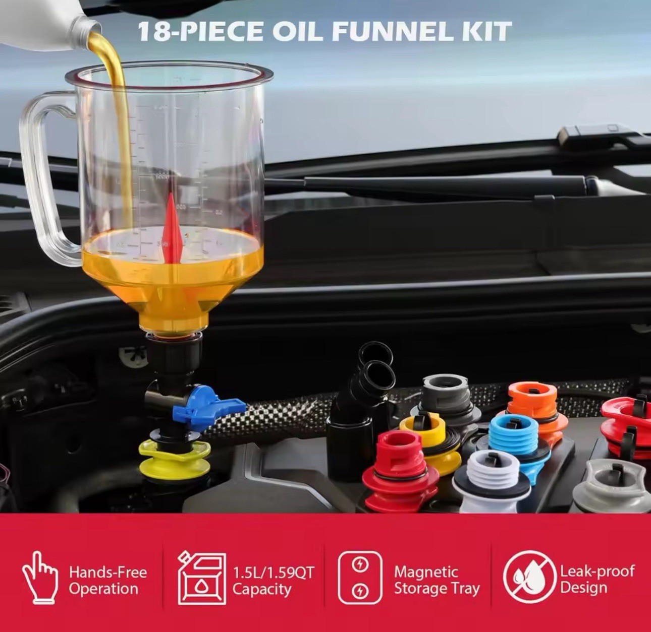 18PCS Engine Oil Funnel Kit with 12 Adapters Universal Oil Filling Set