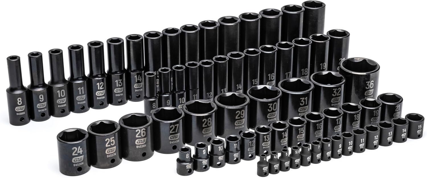66 Piece 1/4”, 3/8”, 1/2” Drive 6 Point Metric Impact Socket Set in Foam Stor…