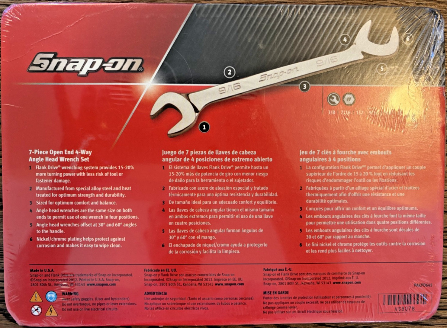 Snap On VS807B 7 Piece 4-Way Angle Head Open End Wrench Set New Sealed USA