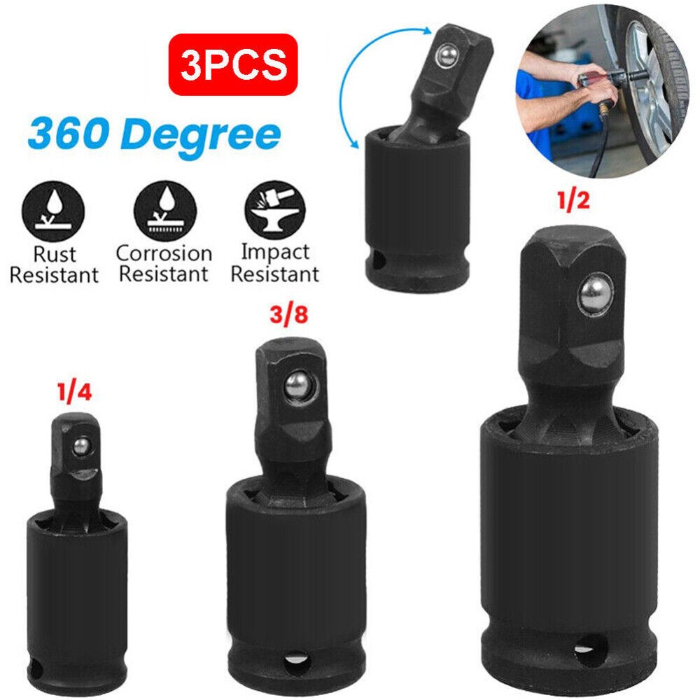 Set of 3 Universal Joint Swivel Socket Adapter Set 1/4″ 3/8″ 1/2″ Impact Joint