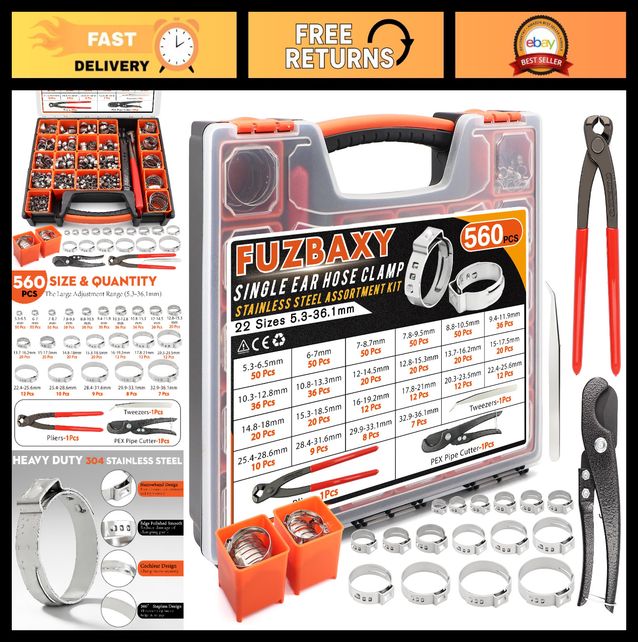 560PCS Stainless Steel Hose Clamps Kit, 22 Sizes 5.3-36.1mm with Pliers for Plum