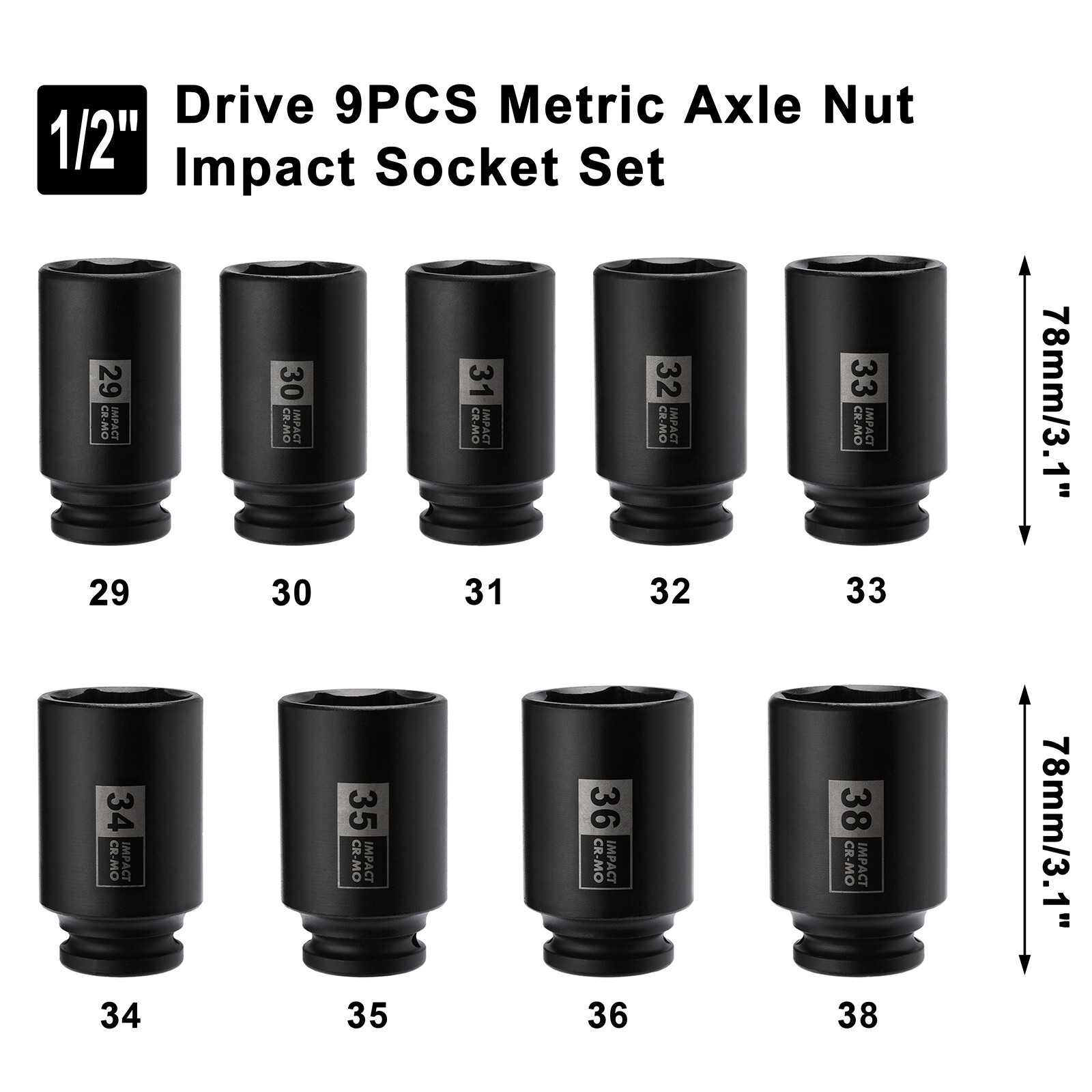 9PCS 1/2″Dr. Deep Spindle Axle Nut Impact Socket Set, CR-MO, Metric Large Socket