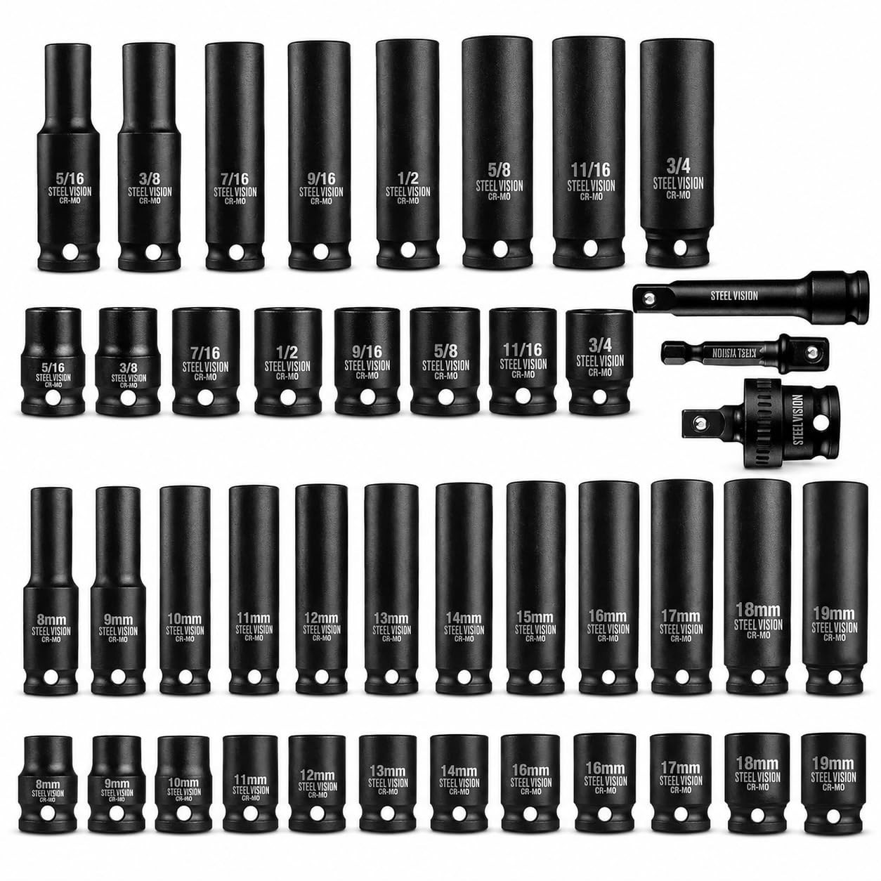 43-Pc Impact Socket Set – SAE & Metric 6-Point Deep/Shallow, Chrome-Moly Steel,