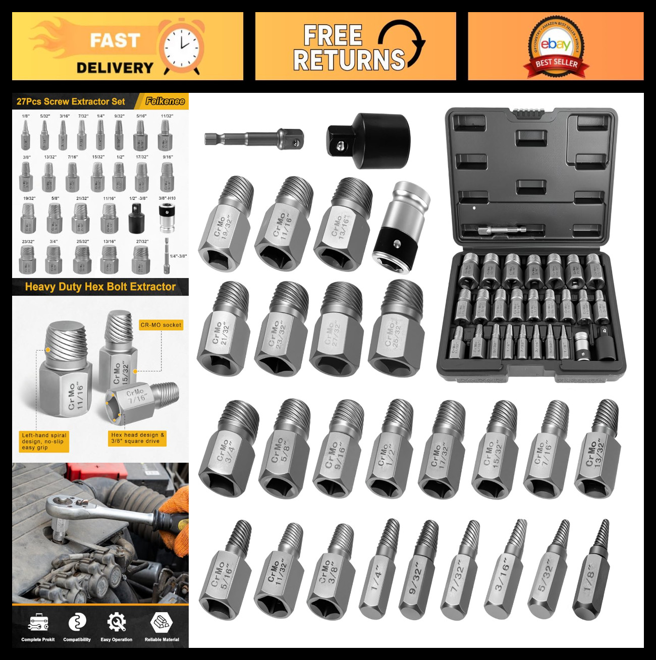 27PCS Heavy Duty Screw Extractor Set, Easy Out Bolt Extractor Kit, CR-MO Steel,