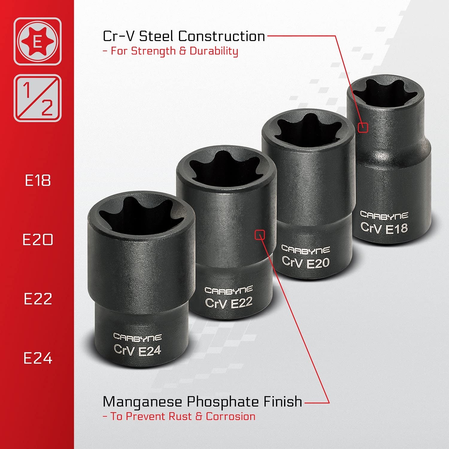 13-Piece External Torx Socket Set E4-E24, CrV Steel, Manganese Finish, Drive Rai