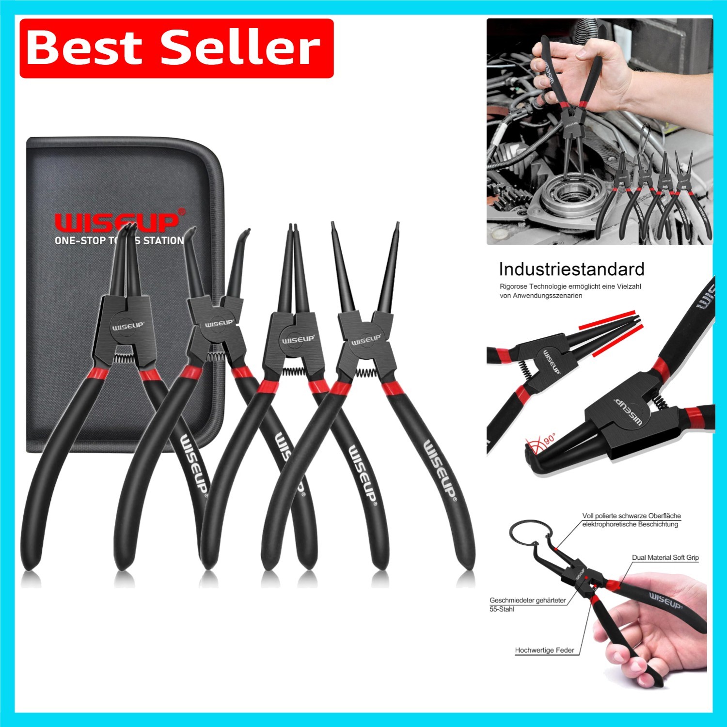 Versatile Circlip Pliers Set, 170mm Anti-Rust Tools with Convenient Storage Bag