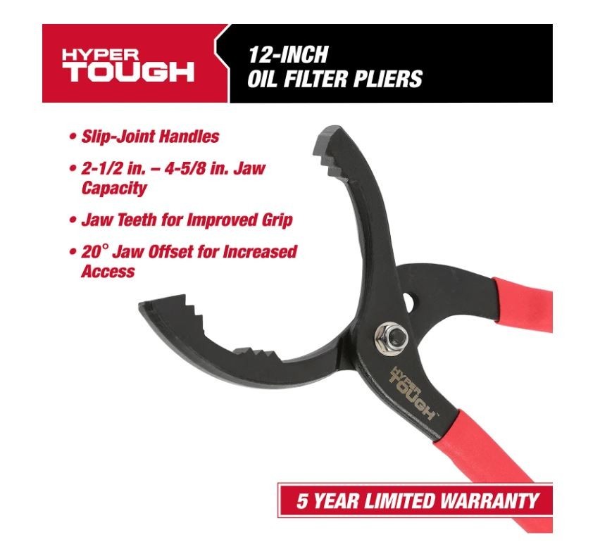 Red 12″ Adjustable Oil Filter Pliers with Non-Slip Handles
