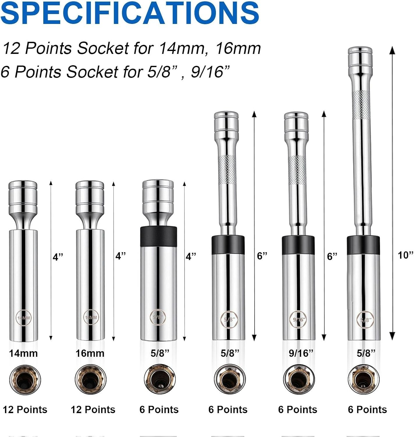 Durable 3/8″ Drive Magnetic Spark Plug Socket Set – 10″ Extensions Included