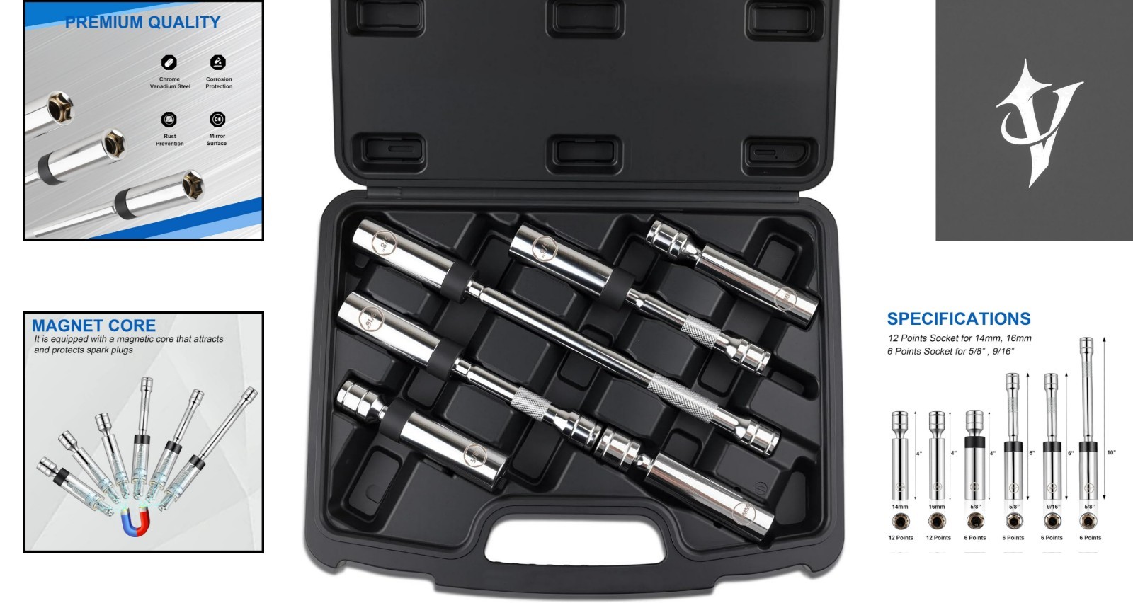 Durable 3/8″ Drive Magnetic Spark Plug Socket Set – 10″ Extensions Included