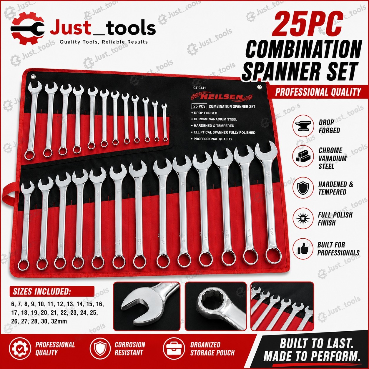 Neilsen 25pc Fully Polished Metric Combination Spanner Wrench Set 6mm – 32mm