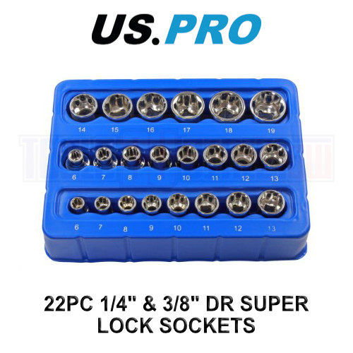US PRO Tools Super-Lock Shallow Socket Set 22pc 1/4″ 6-13mm & 3/8″ 6-19mm 1398