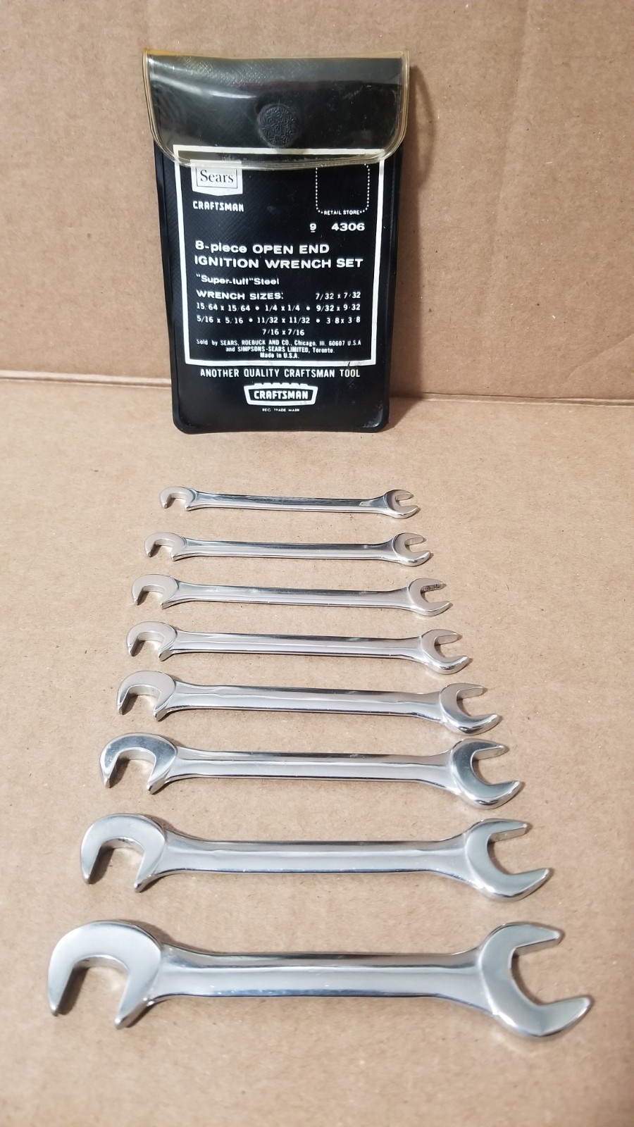 VTG Sears Craftsman 9_4306 Super-tuff Steel 8-Piece Open End Ignition Wrench Set