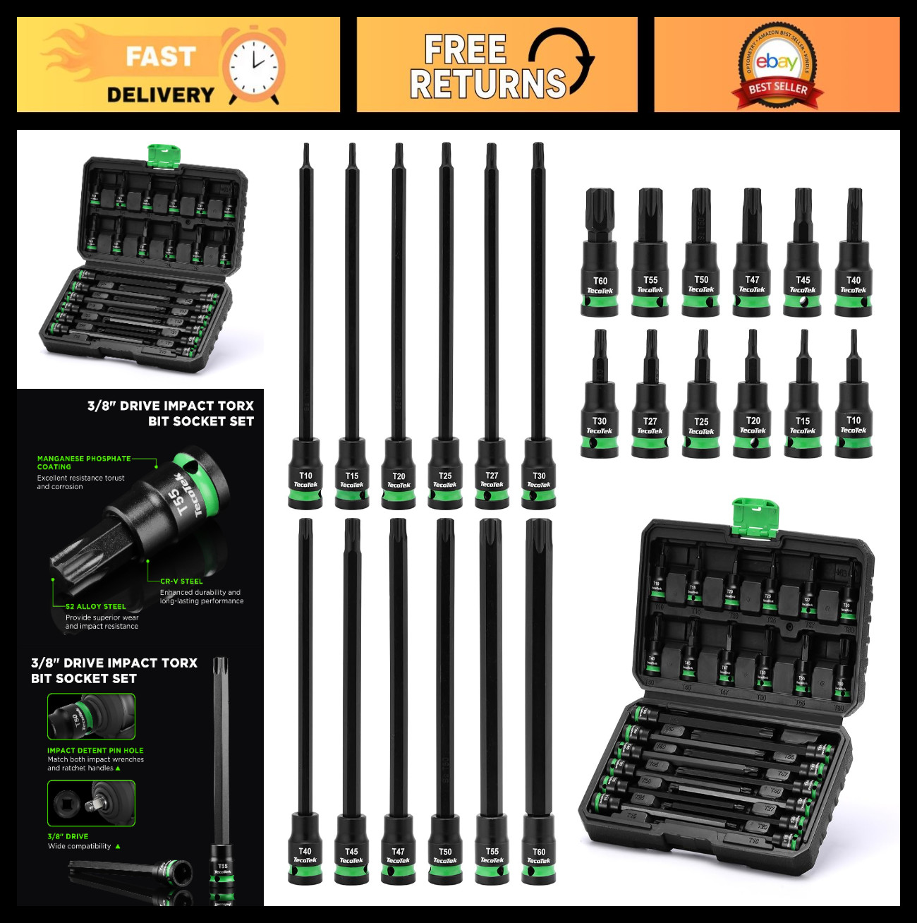 24PCS Extra Long Torx Bit Socket Set, 3/8″ Drive, S2 Alloy Steel, T10-T60, CR-V,