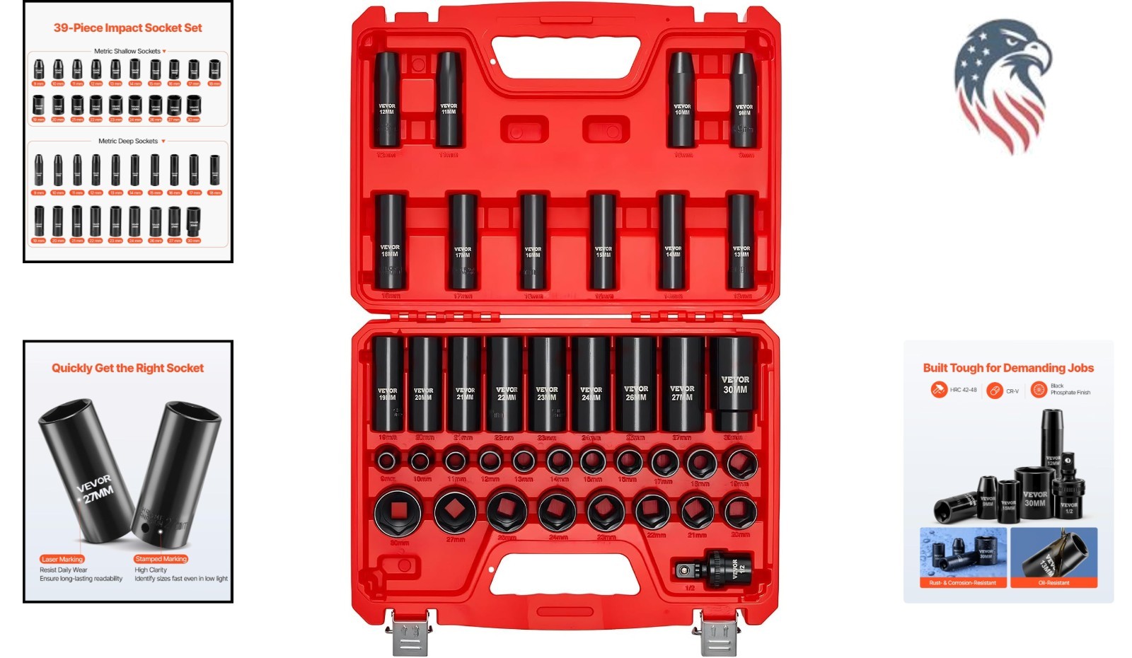 39-Piece Metric Impact Socket Set 1/2 Inch Drive CR-V Steel Deep Shallow Durable
