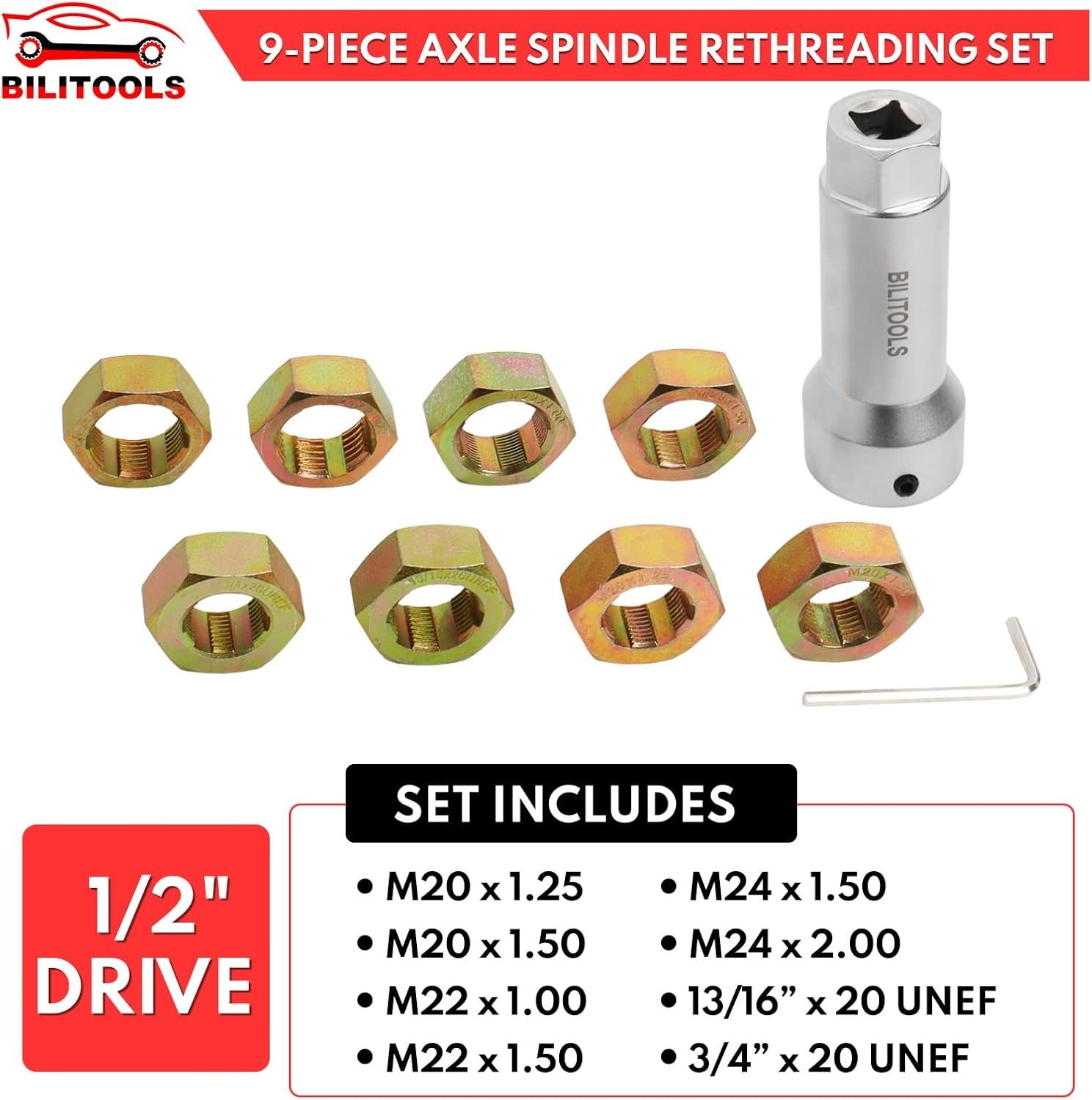 Axle Spindle Rethreading Tool Kit, 10-Piece Axle Wheel Stud Thread Chaser Rep…