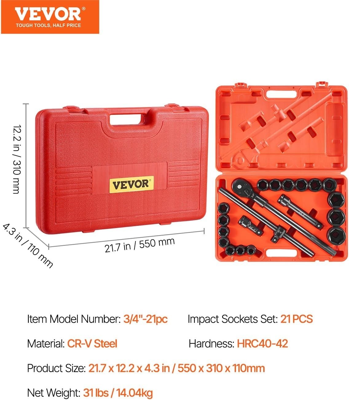 Impact Socket Set 3/4″ Drive, Easy-to-Read Size Markings