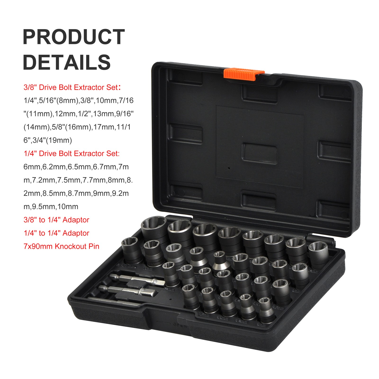 32pc Bolt Extractor Set, Impact Bolt & Nut Remover Set, 1/4″ & 3/8″ Square Drive